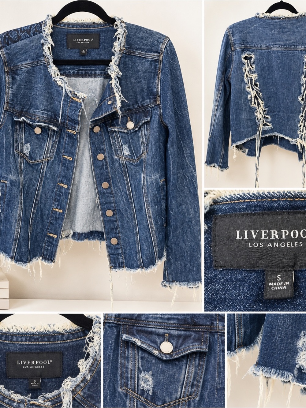 Liverpool Frayed-Trim Dark Blue Denim Jacket Western Chic